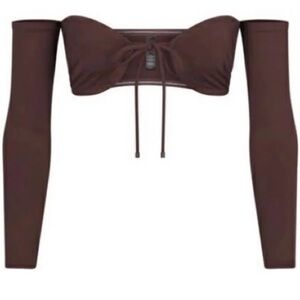 NWT SKIMS Swim Brown Long Sleeve Tie Front Swim Top